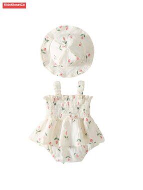 Boho Sleeveless Smocked Baby Girl Romper Dress with Hat 2 Piece Set